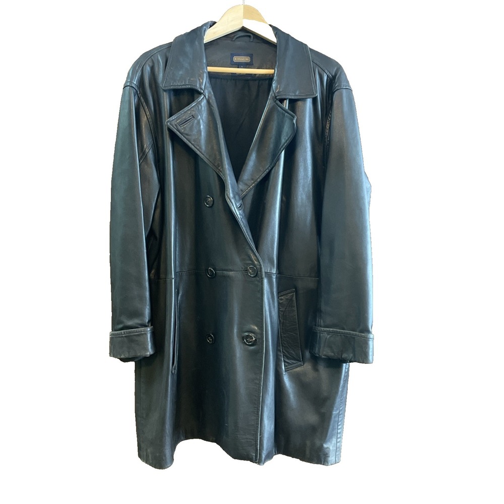 Vintage COACH Leather Women's Trench Coat Sz L Black 1996-1999 Soft Long Buttons